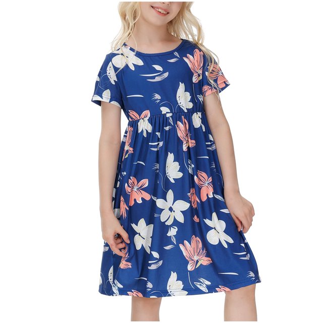 Yanlir Robe à Fleurs à Manches Courtes pour Tout-Petites Filles, Enfants, Col Rond, Longueur Genou, Mignonne Robe de Princesse pour un Port Confortable et Quotidien 5-14 Ans (Bleu Foncé, 5-6 Ans)