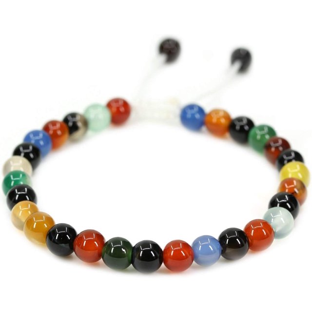 Perles Rondes de 6 mm en Pierre Précieuse d'Agate Multicolore Naturelle, Pampilles Macramé Tressées Ajustables, Bracelets Reiki Chakra 7-9 Po Unisexe