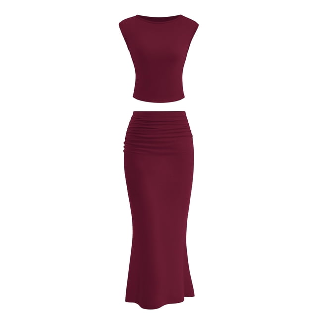 Conjunto de Falda PRETTYGARDEN Top Corto y Falda Maxi Rojo Vino M