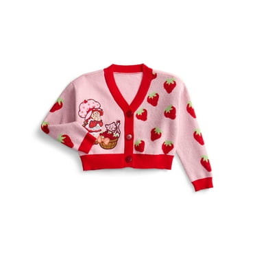 Strawberry Shortcake Button Down V Neck Cardigan with Long Sleeves, Sizes XS-XL