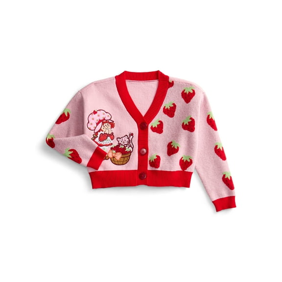 Strawberry Shortcake Button Down V Neck Cardigan with Long Sleeves, Sizes XS-XL