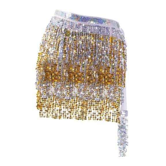 Glitter Belly Dance Hip Skirt Tassel Scarf for Stage Performance Rumba Samba and Yellow