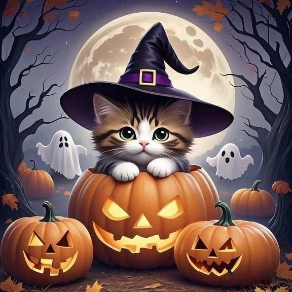 Diamond Art Painting Kits for Adults,Halloween Pumpkin Cat 5D Diamond Painting Dots Art Kits for Adults Beginner, DIY Full Round Gem Crystal Art Paint by Diamond, Home Wall Decor 14x 14 in