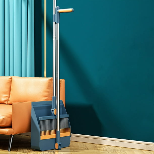 Juego de Escoba y Recogedor Giratorios 180° | Dientes Rascadores Autolimpiables | Mango de 96 Cm | Plástico Ligero | Azul/Naranja/Blanco | Uso Interior y Exterior | Diseño Compacto para Ahorrar Espac