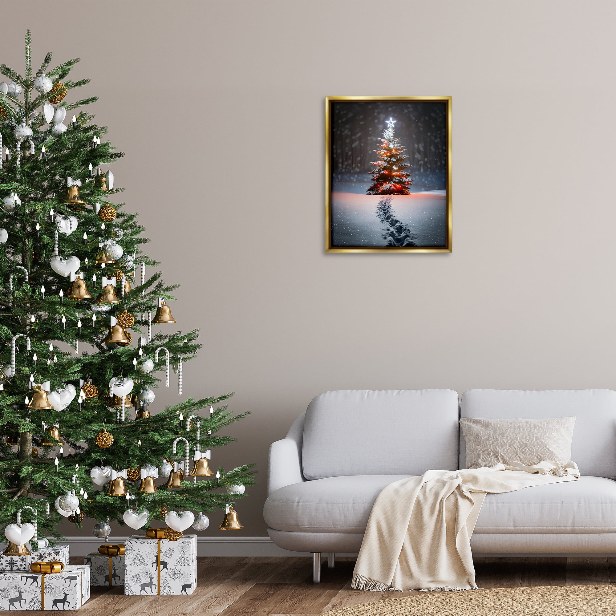 Stupell Industries Magic Moments Holiday Tree Holiday Photography Gold Floater Framed Canvas Art Prints Wall Art, 25 x 31