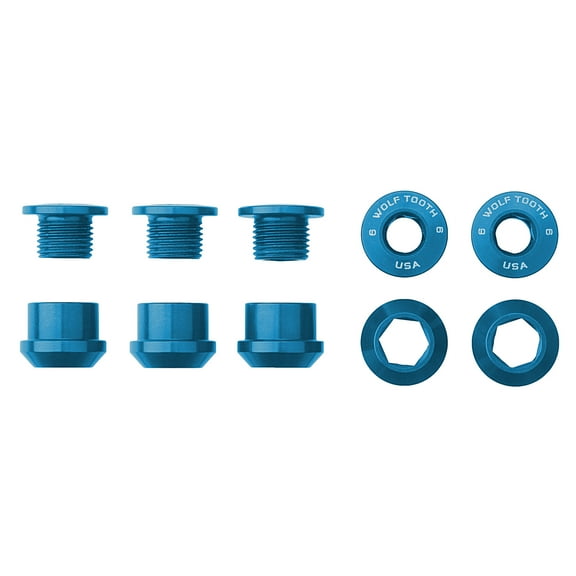 Wolf Tooth 1x Chainring Bolt Set - 6mm, Dual Hex Fittings, Set/5, Blue