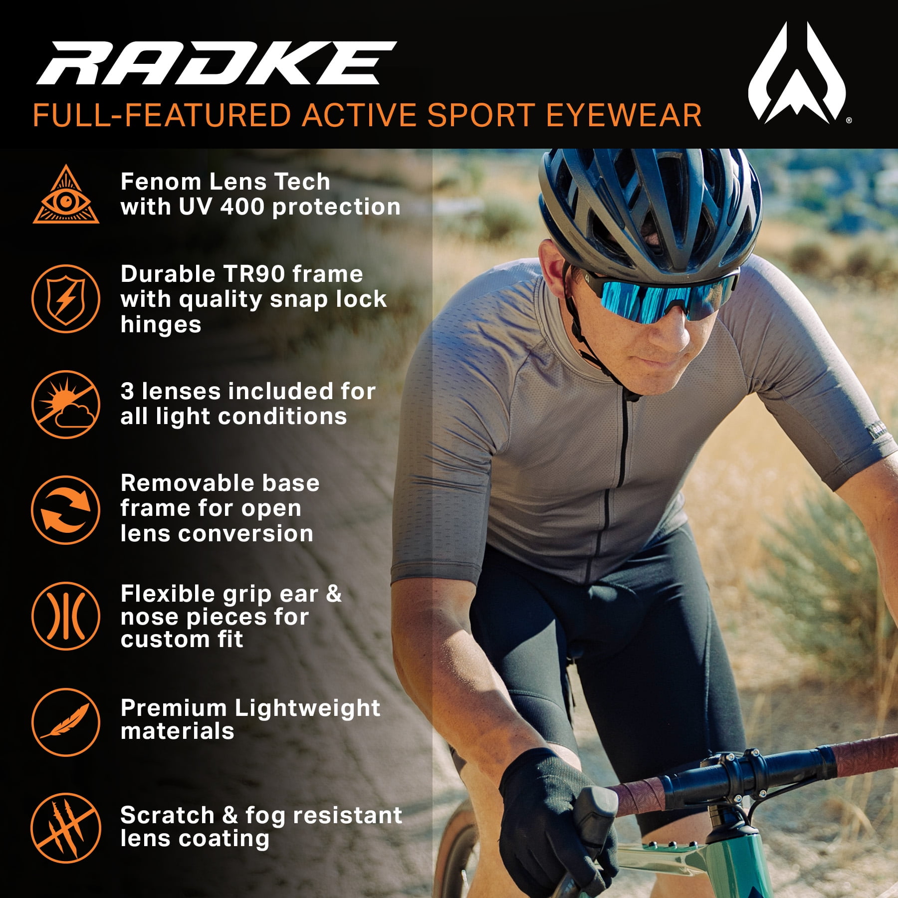 Wildhorn Radke MTB Cycling Glasses, UV400 Sports Ski Running Sunglasses for Women & Men, Baseball Glasses w/3 Swap Lenses