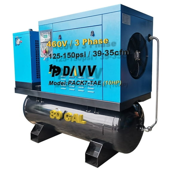 460v 3-Phase 10HP Rotary Screw Air Compressor With 80 Gal. ASME Tank   Refrigerated Air Dryer