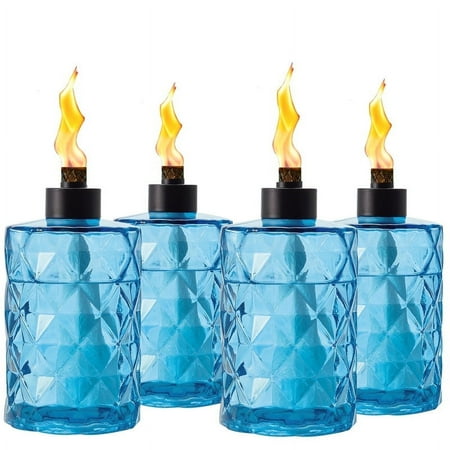 4 Pack Blue Glass Torches for Outside Tabletop with Wick and Cap,Citronella Torches Outdoor,Refillable Torch Canister,Decorative Tabletop Lantern for Yard,Patio,Deck,Garden,Outdoor Party,Landscape