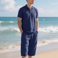 thumbnail image 5 of RYDCOT Mens 2 Pieces Cotton Linen Set Lapel Short Sleeve Shirts Casual Yoga Capri Pants Summer Beach Outfits Navy, 5 of 9