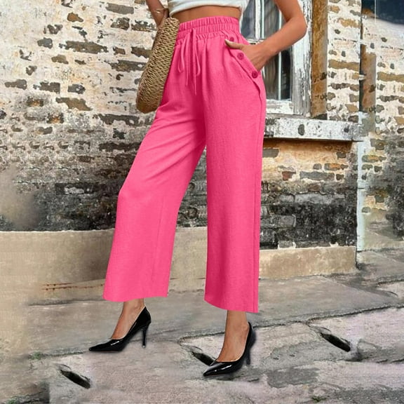 Simua Drawstring Pants for Womens Solid Color Elastic High Waisted Straight Leg Trousers with Button Pockets Hot Pink S