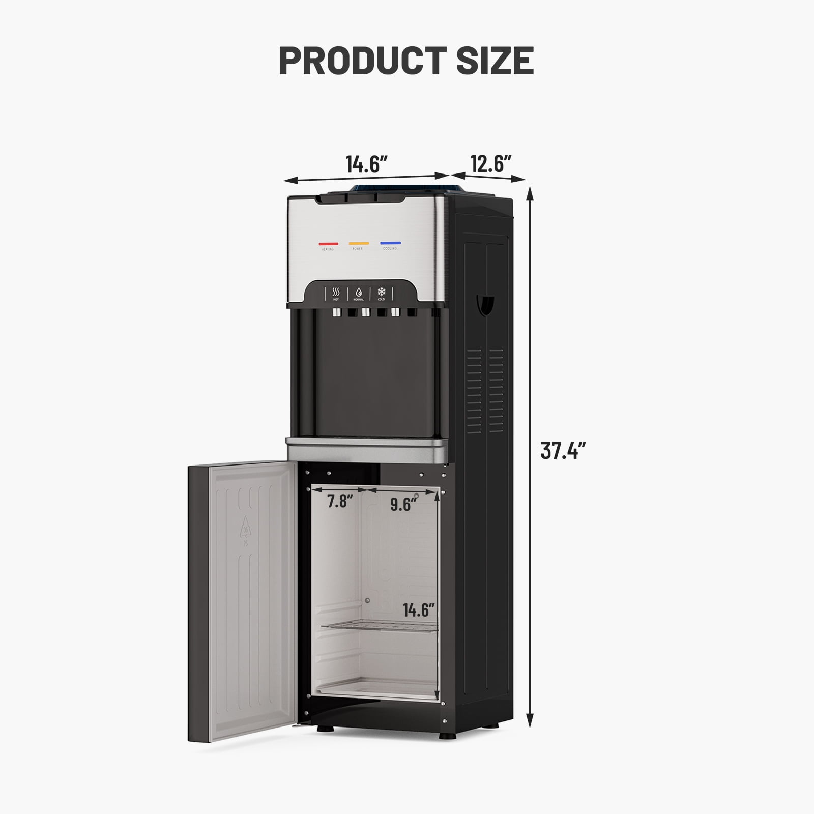 UMOMO 4-in-1 Water Cooler Dispenser with Freezer Cabinet, Hot & Cold & Room Temperature Top Loading Water Cooler for 3–5 Gallon Bottles, Child Safety Lock, Water Dispenser for Home, Office, Black