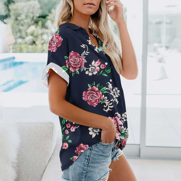 Bigersell Sleep Shirts for Women V-Neck Short Sleeve Floral Printed Pattern  Casual Tops Blouse Print Shirt Women Peplum Round Neck Short Sleeve Tunic  Tops Style B53263, Navy XL 