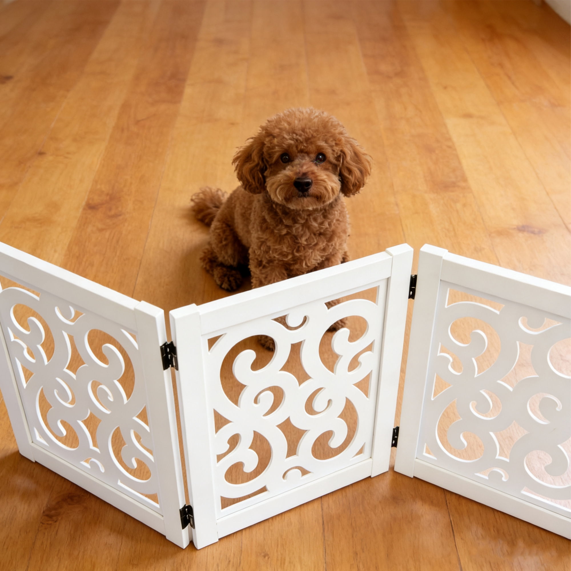 Ashfield & Harkness: 3-Panel Pet Gate - Scroll White - Wooden Foldable Freestanding Fence, Small Dogs & Puppy, 48 x 19.3", Indoor-Doorway-Halls-Stairs