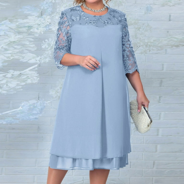 Huresd Mother of The Bride Dress Two Piece Plus Size Formal Evening Party  Dress with Lace Jacket Outfits Light Blue 4XL