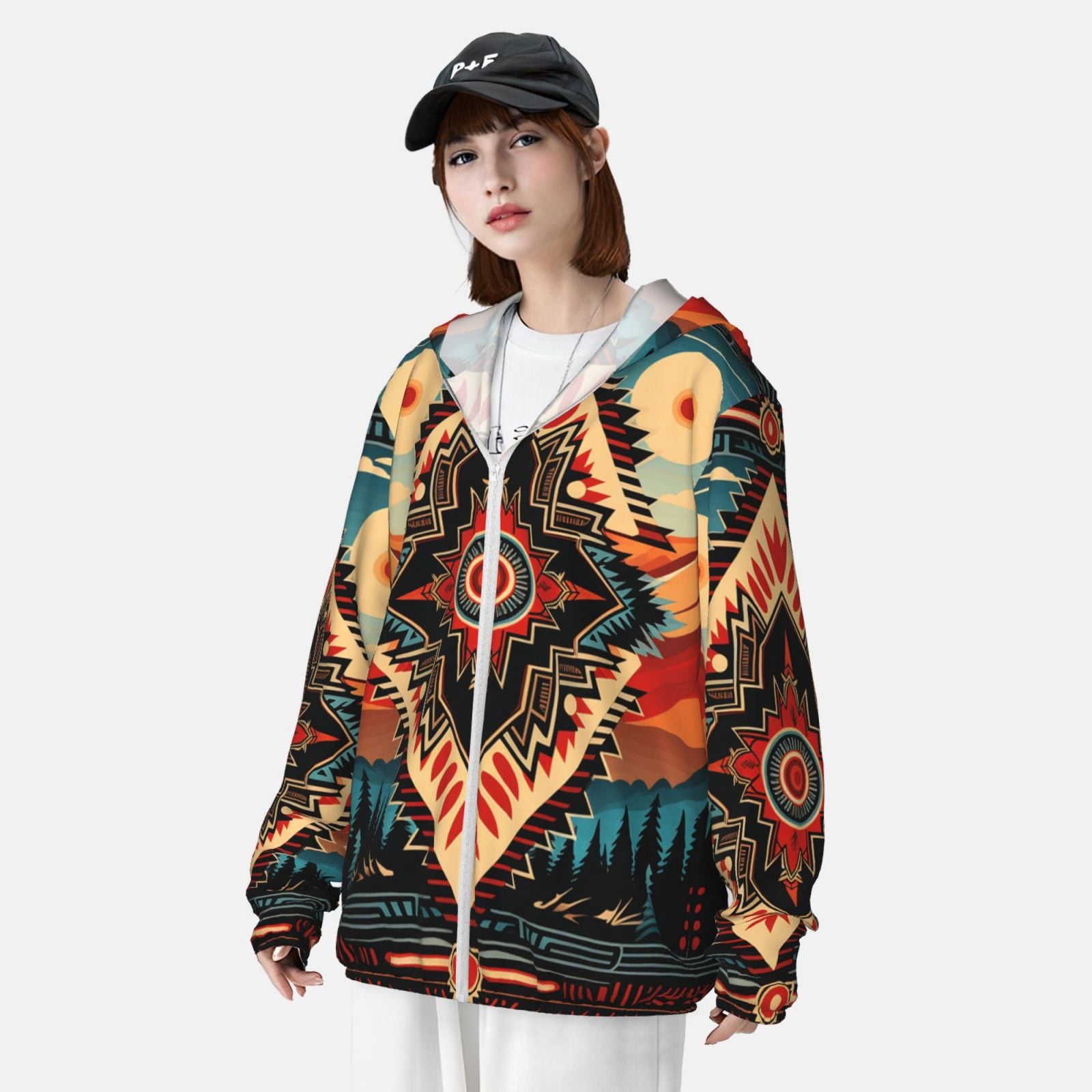 Women Men Sun Protection Hoodie Jacket Zip Long Sleeve Shirt Hiking Outdoor , Aztec Baja Southwest Western Native Cool