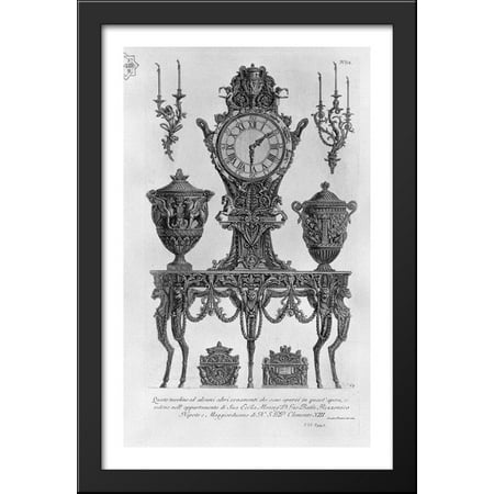 Large Black Candelabra A five-legged table, wall Matterhorn, surmounted by a clock between two decorative vases, two candelabra wall, two urns 26x40 Large Black Wood Framed Print Art by Giovanni Battista Piranesi ()