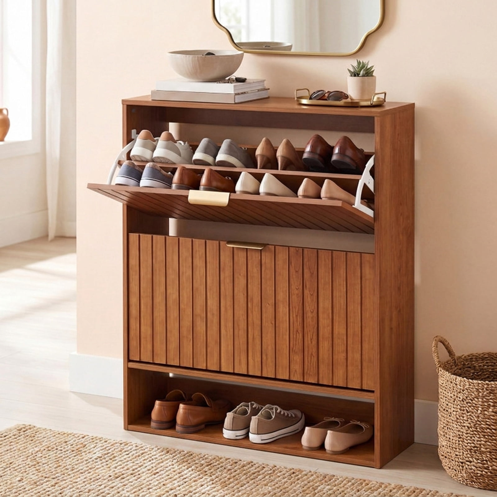 Furnibear Fluted Hidden Shoe Cabinet with 2 Flip Drawers and Open Storage for Narrow Entryway Hallway and Foyer Spaces, Walnut