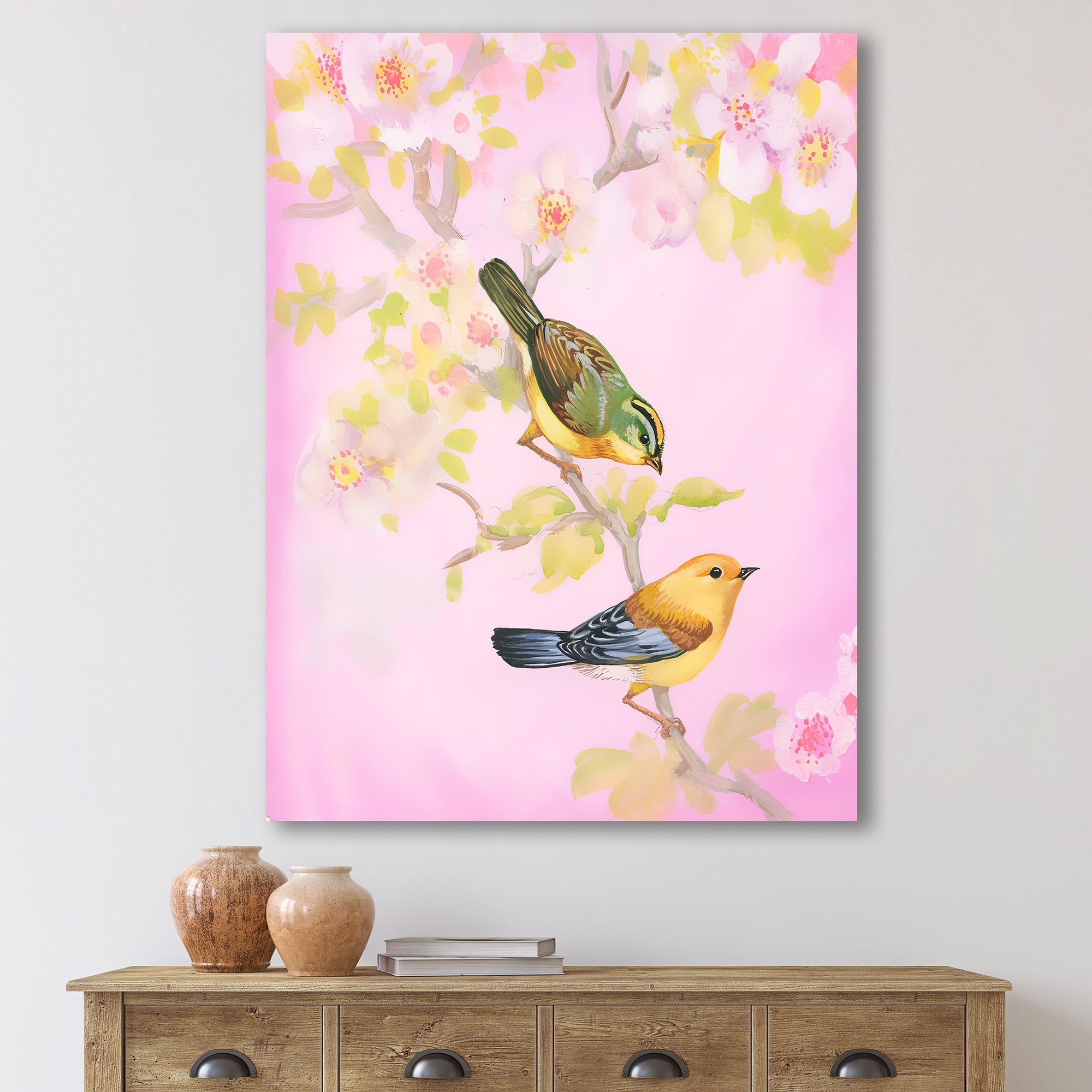 Beautiful Bright Birds Sitting On Branch 12 in x 8 in Painting Canvas Art Print, by Designart