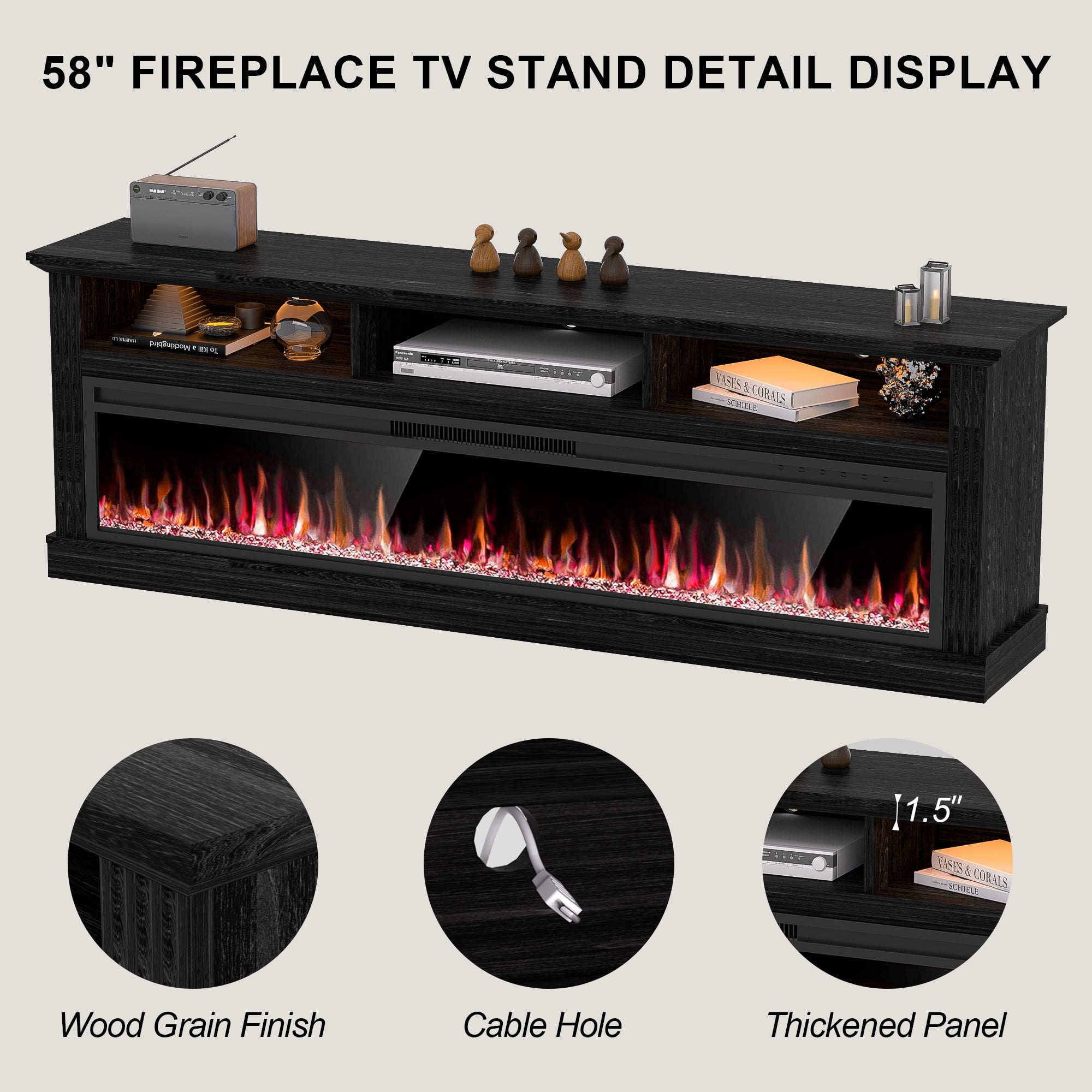 HARIPUL 58" Fireplace TV Stand for TVs Up to 65" with 52" Electric Fireplace,White Entertainment Center with Storage Cabinets,Led Light TV Consoles for Living Room,Black/Crystal Fireplace