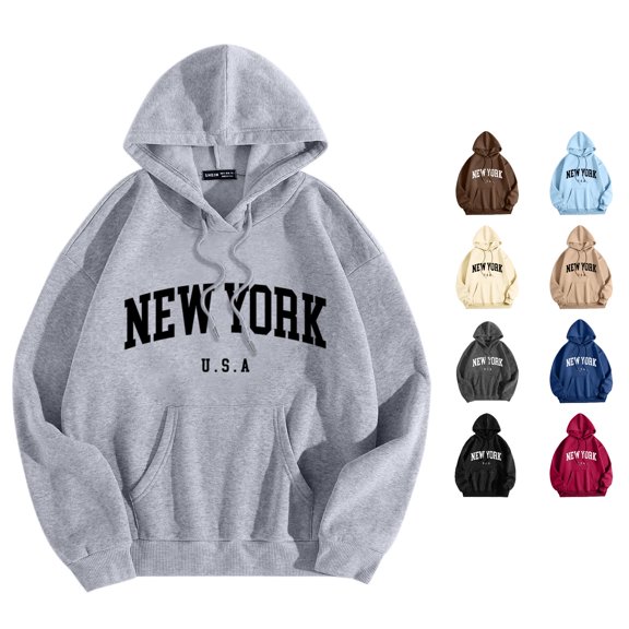 RUTAYY Men's Hoodie Long Sleeve Drawstring Front Pocket New York Letter Print Pullover Sweatshirt Grey