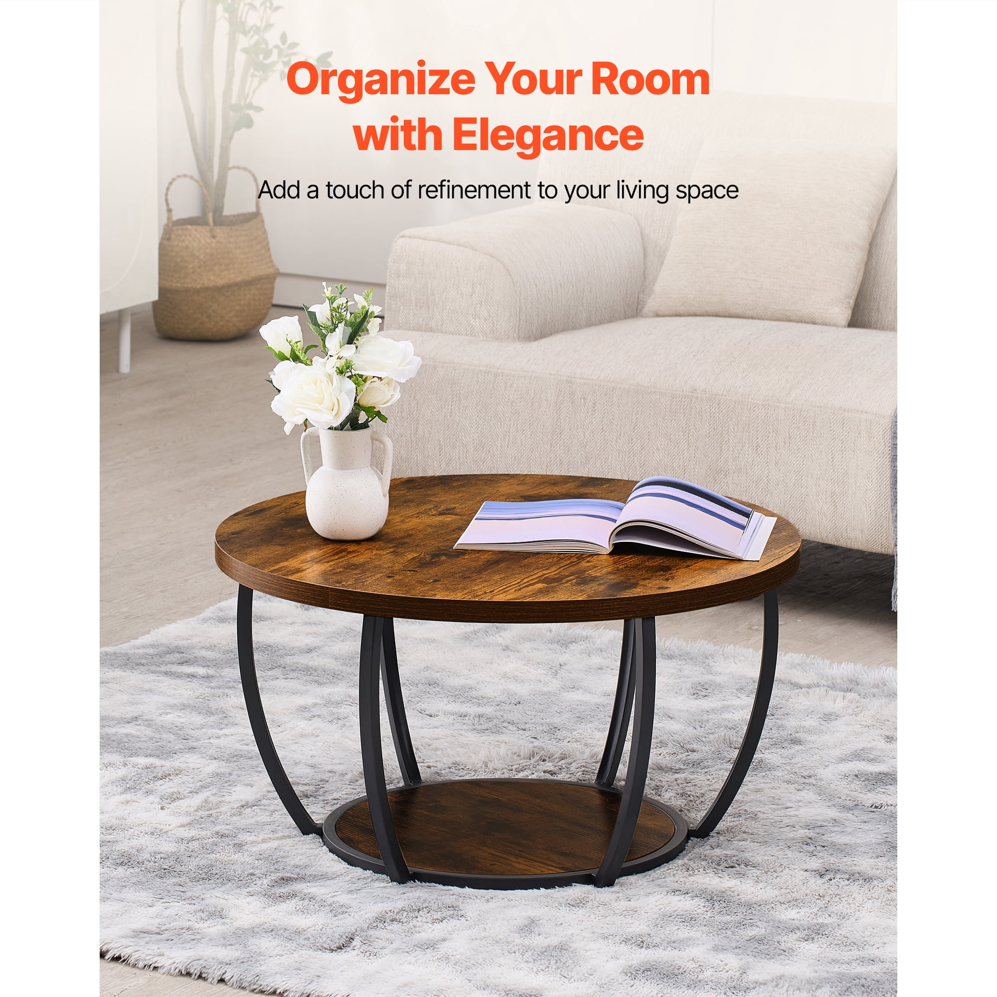 KFFKFF Round Coffee Table, Modern 2-Tier Wooden Center Table with Open Storage, Minimalist Metal Frame Design for Living Room or Office, Easy to Assemble, Rustic Brown Finish