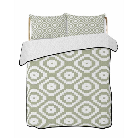 Twin XL Quilt Bedding Set, Sage Green White Geometric Reversible Summer Quilt 3 Pieces, Modern Abstract Art Lightweight Bedspreads Coverlets with 2 Pillow Shams for All Seasons