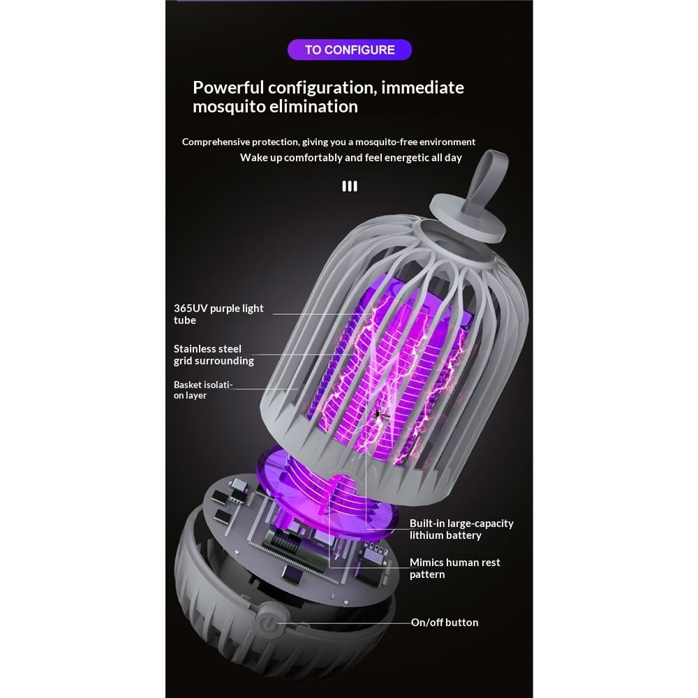 2 in 1 Bug Zapper Indoor Electronic Mosquito Zapper USB Rechargeable Mosquito Trap, Outdoor Fruit Flies Killer Indoor LED Lantern, Gray