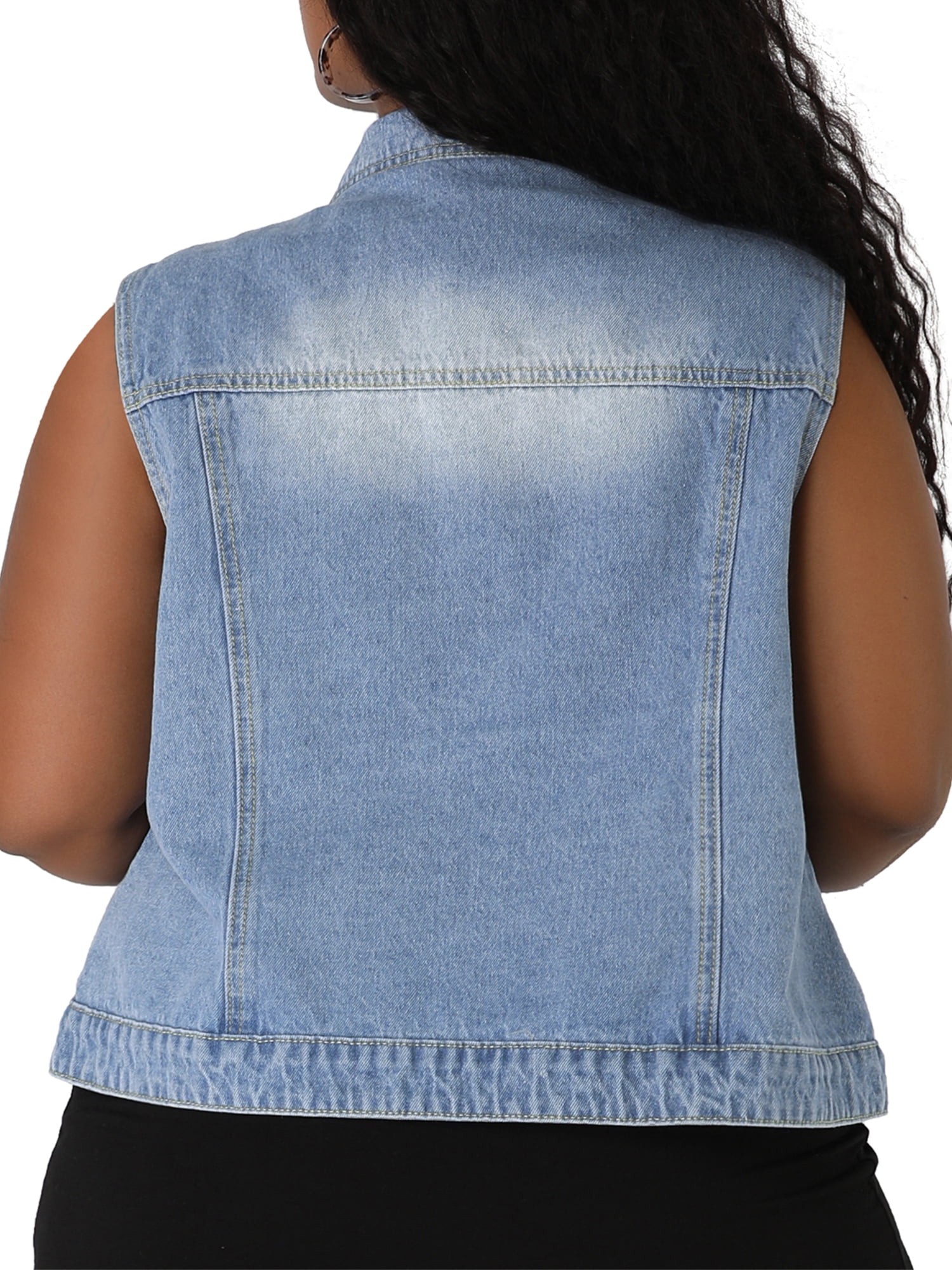Unique Bargains Juniors' Plus Size Chest Pockets Single Breasted Denim Vest