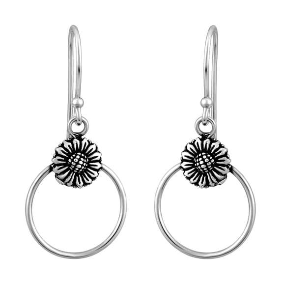 Jovial Sunshine Sunflower Charm Sterling Silver Hoop Dangle Earrings