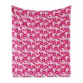 thumbnail image 1 of Floral Soft Flannel Fleece Throw Blanket, Blooming Graphical Flowers and Leaves with Polka Dots, Cozy Plush for Indoor and Outdoor Use, 70" x 90", Hot Pink Pale Orange, by Ambesonne, 1 of 5