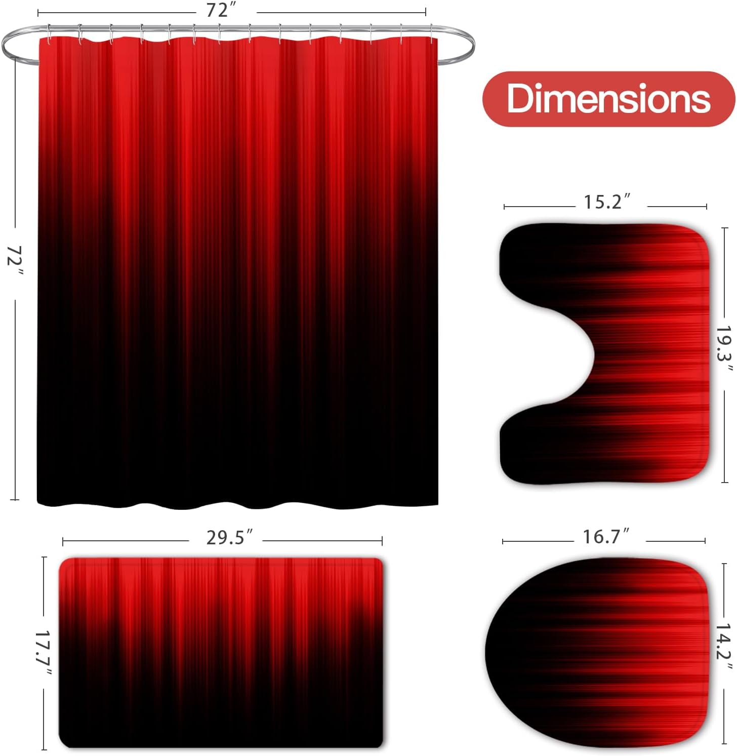 4 Pcs Red and Black Gradient Shower Curtain Set with Rugs and Toilet Lid Cover, Modern Simple Waterproof Fabric Bathroom Set, Ombre Stripe Gothic Abstract Bathroom Decor Set Accessories