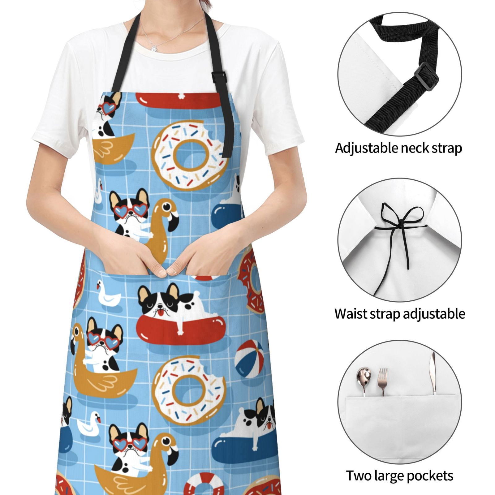 Kdxio Dogs With Pool Floats Apron with Pockets Adjustable Kitchen Aprons for Men Women Waterproof Aprons for Cooking,Drawing,Crafting, Baking Household Cleaning