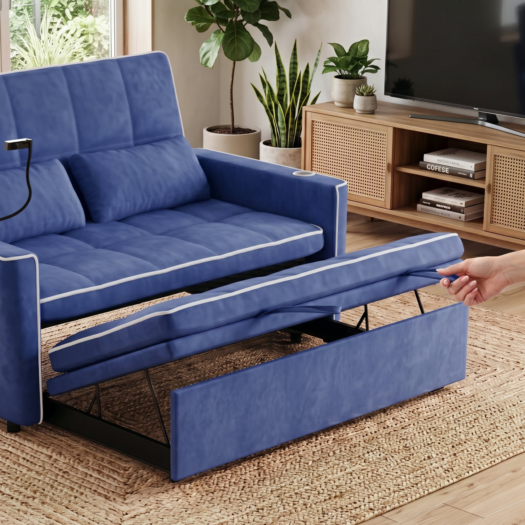 Vinform Sleeper Sofa Bed, 3 in 1 Convertible Loveseat with Phone & Cup Colder for Small Space, Blue