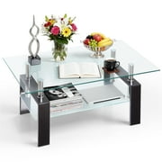 SEGMART Glass Coffee Table, Rectangle Coffee Table, Tea Table, Modern Side Coffee Table with Iron Leg, Glass Tabletop with Lower Shelf, Modern Dining Center Table for Home Living Room Office