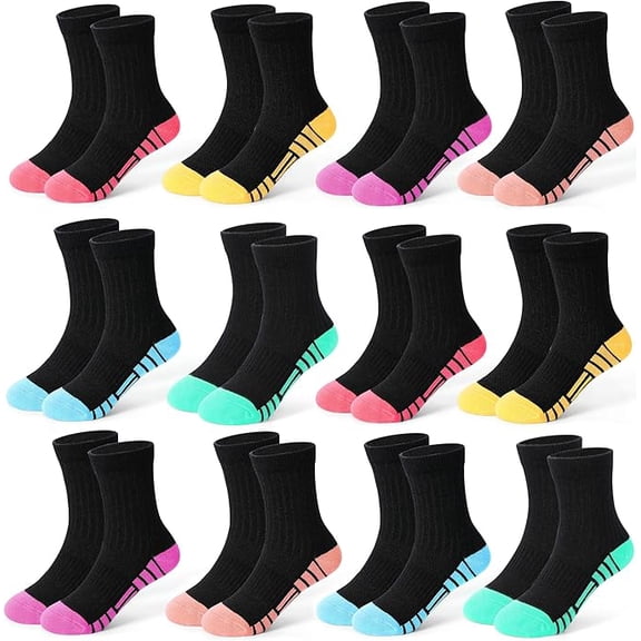 12 Pairs Girls Crew Socks, Kids Athletic Socks for Toddler Girls (1-14 Years) Calf Cotton Sock School Running Sports