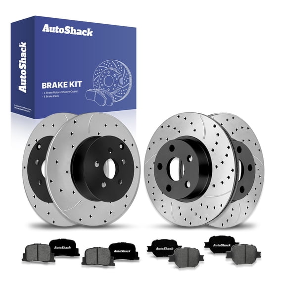 AutoShack Front Vented & Rear Solid Drilled & Slotted E-Coated Brake Rotors   Premium Ceramic Pads 12-PC Brake Kit Replacement for 2005-2010 Scion tC ShadowGuard