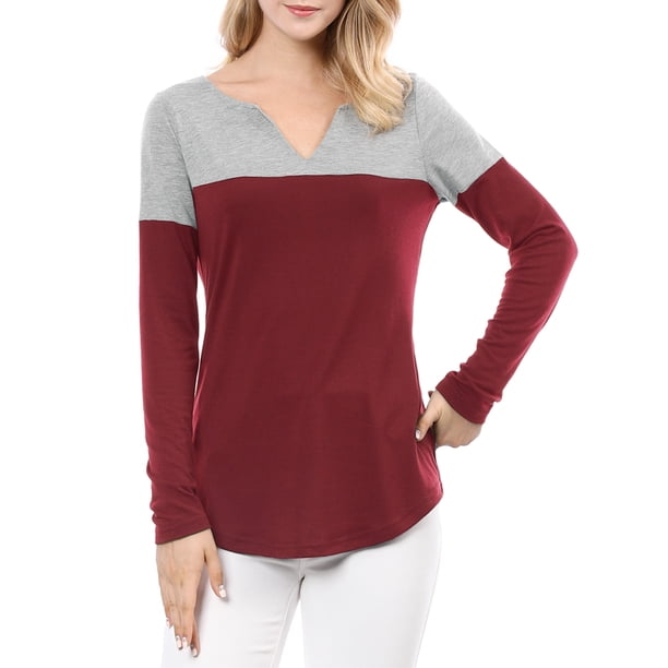 Camiseta casual de manga larga con escote en V y bloques de color INSPIRE CHIC para mujer, tamaño L, color rojo vino