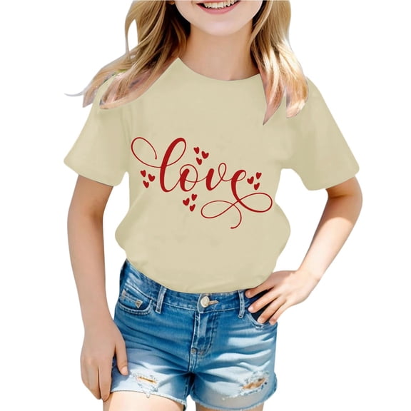 Adeawade Girls Valentine'S Day Tops Short Sleeve Blouse Cartoon Prints T Shirt O Neck Leisure Tee Classic Basic Playsuit Beige 1-2 Years