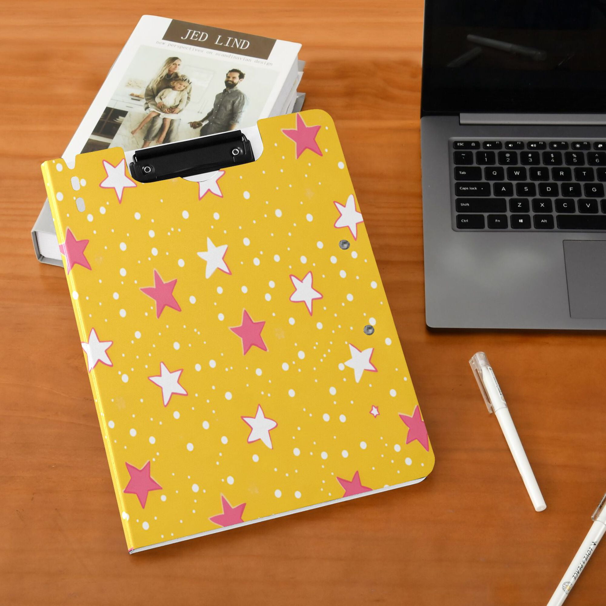 FORMRS A4 Clipboard Folder with Pen Holder Horizontal Foldable School Office Binder, White Stars