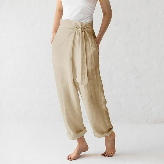 Babysbule Womens Straight Linen Pants Women's Leisure Solid Color High Waist Cotton Wide Leg Pants Elastic Waist Pants