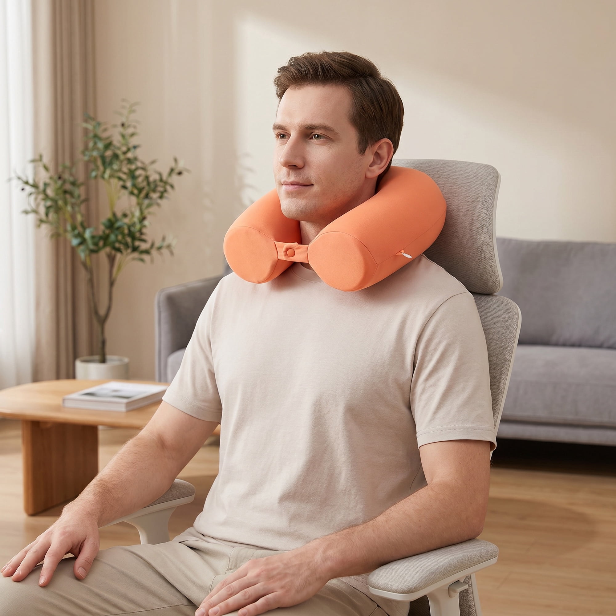 Unique Bargains Memory Foam Neck Pillow U Shape Snap Closure for Airplane 0range 25"x4"