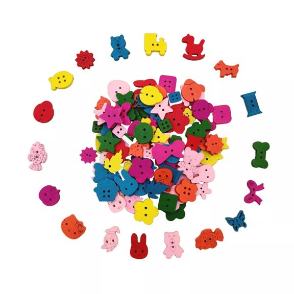 U8MO 50pcs Mixed Bright Color Assorted Animal Wood Buttons 2 Hole Wooden Sewing Craft