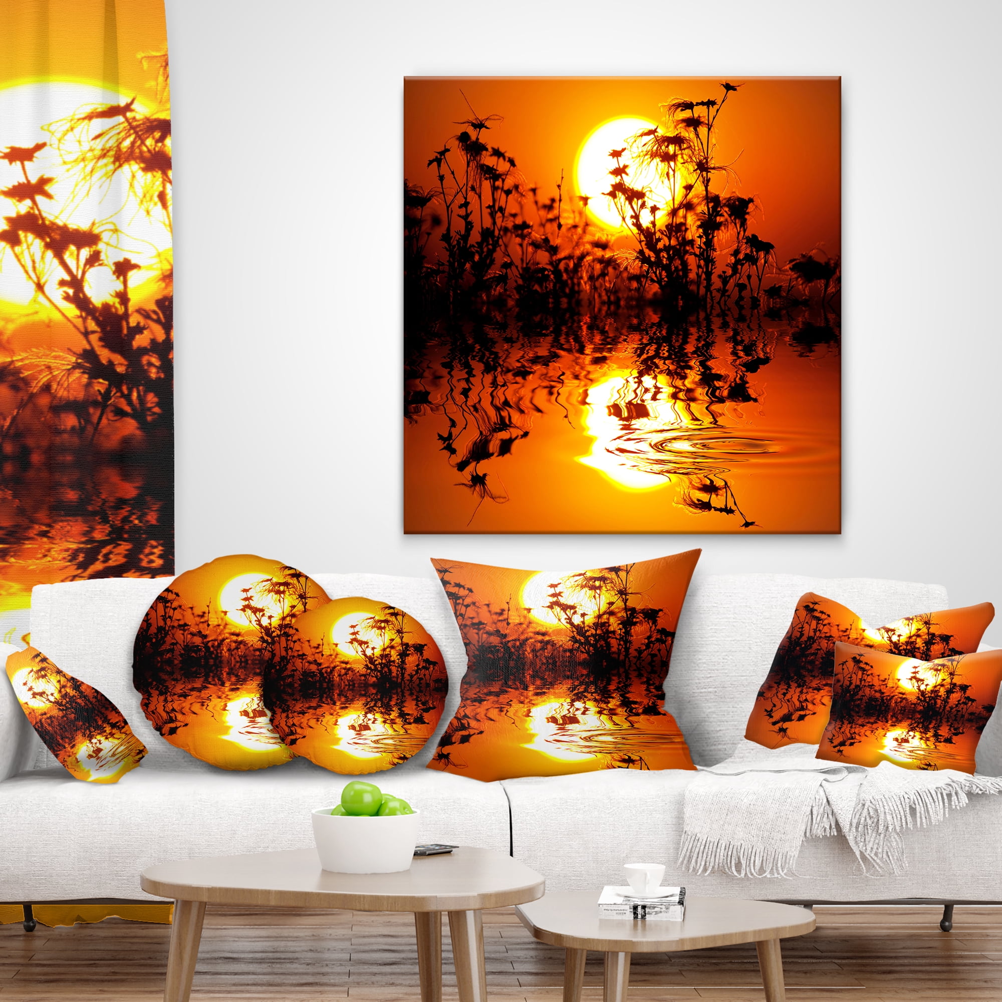 Designart Flowers Silhouette View At Sunset - Landscape Printed Throw Pillow - 16x16