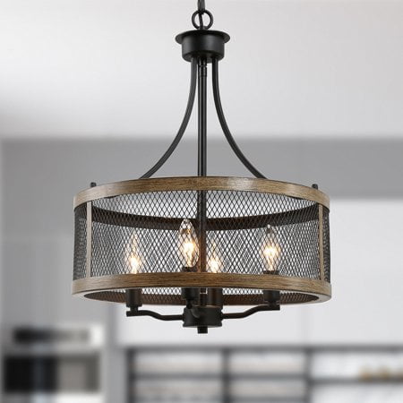 

Black Caged Chandelier Farmhouse 4-Light Drum Bronze Modern Round Chandelier Island Pendant Light with Faux Wood Accent