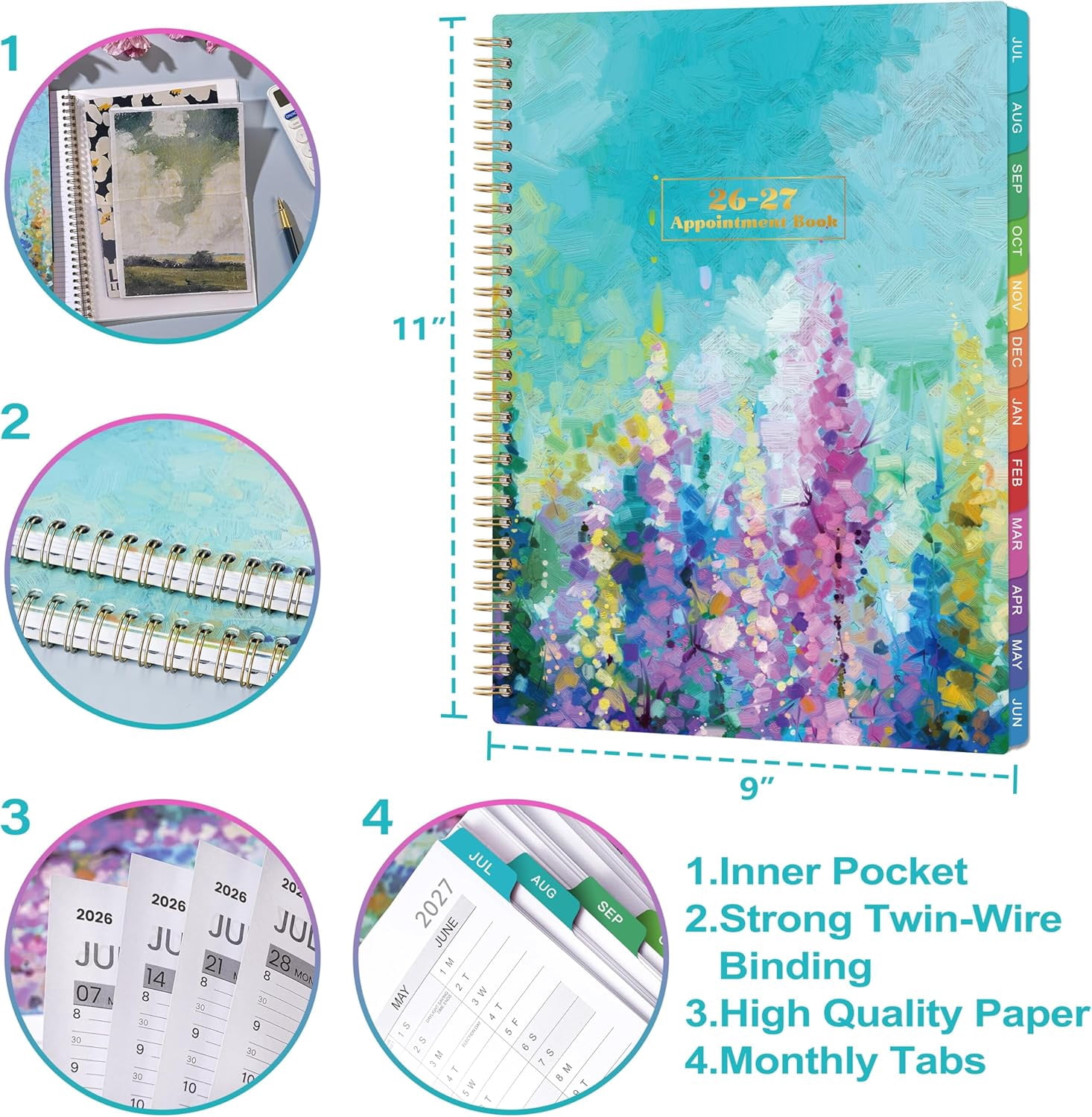 Appointment Book 2026-2027 - Weekly Appointment Book, Jul 2026 - Jun 2027, Hourly Daily Planner 26-27, 9" x 11", Planners 2026-2027 with 30-Minute Interval, Colorful Tabs, Back Pocket, Notes Pages