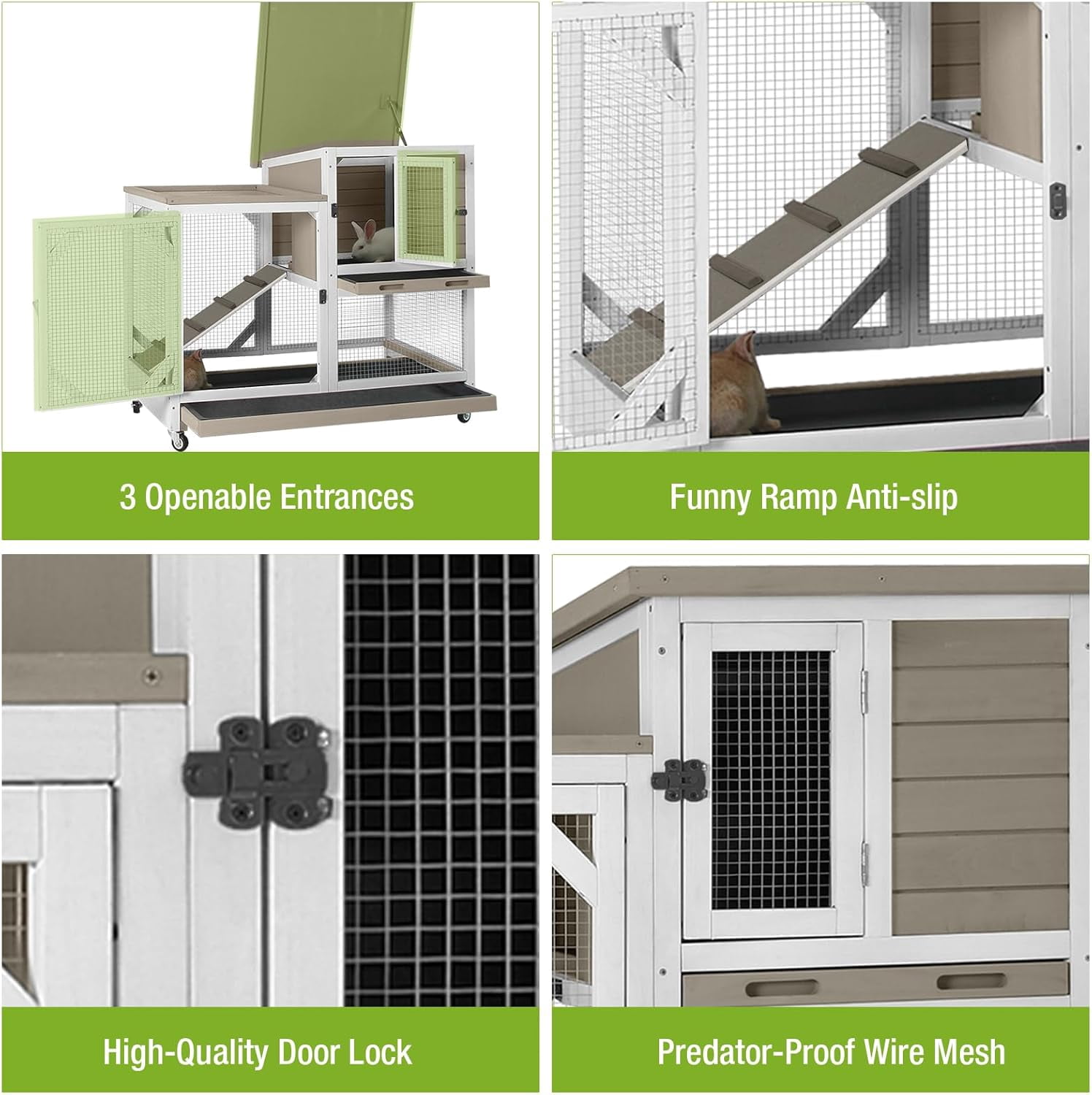 Aivituvin 2-Story Rabbit Hutch with Chew-Proof Ramp & Pull-Out Trays - Indoor/Outdoor 39.3" Wooden Rabbit Cage on Wheels for Rabbits, Guinea Pigs (Light Brown)