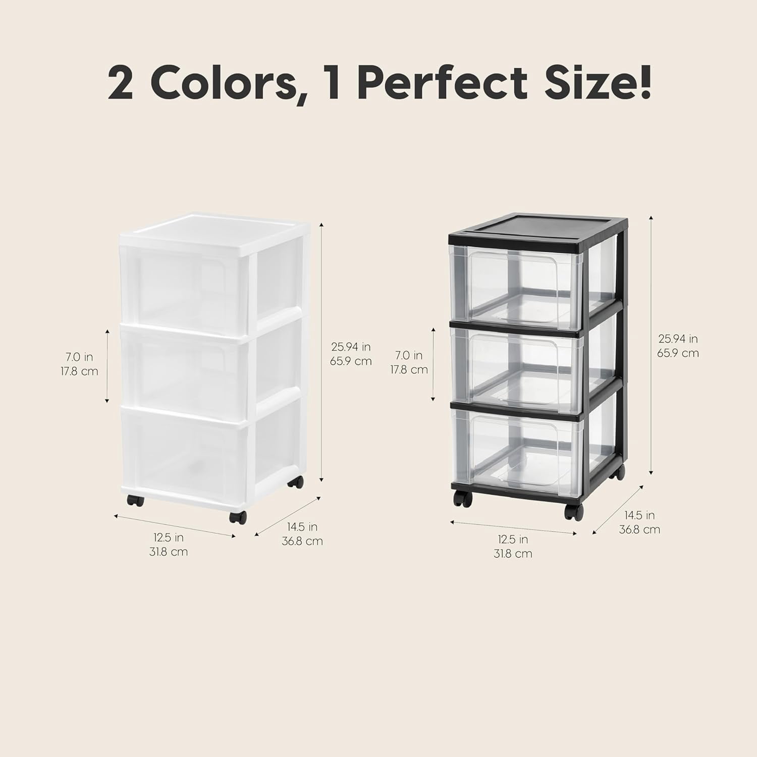 IRIS Plastic 3-Drawer Storage Organizer Rolling Cart with Wheels, Slim Narrow Design, White/Clear