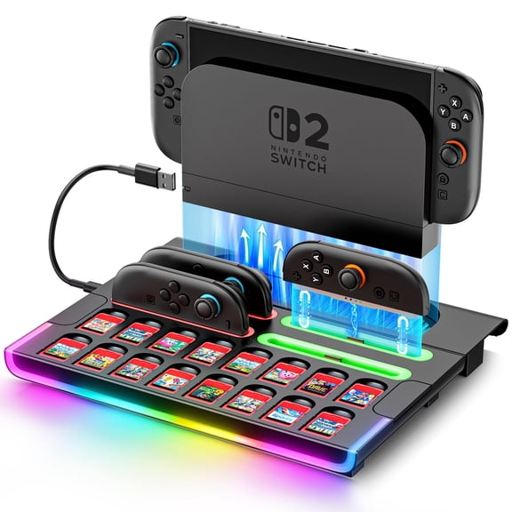 Switch 2 Controller Charger witch Switch 2 Dock Storage, Switch 2 Joy-Con Charger Station with 16 Switch Games Card Slots