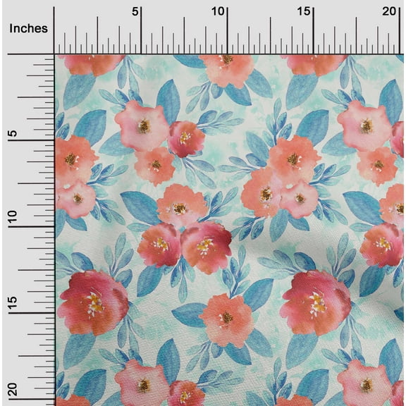 oneOone Organic Cotton Poplin Twill Fabric Watercolor Leaves & Peony Floral Fabric Prints By Yard 42 Inch Wide